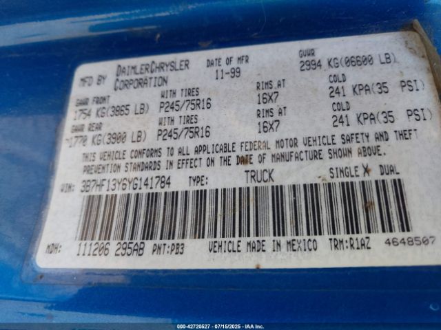 2000 DODGE RAM 1500 3B7HF13Y6YG141784 Photo 8