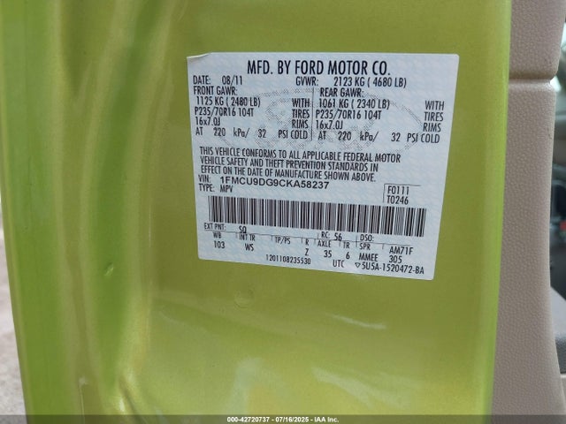 Продаж на аукціоні авто 2012 Ford Escape Xlt, vin: 1FMCU9DG9CKA58237, номер лоту: 42720737