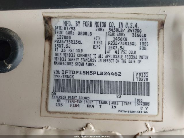 1993 FORD F150 1FTDF15N5PLB24462 Photo 8