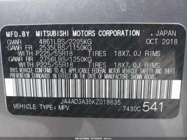 2019 MITSUBISHI OUTLANDER JA4AD3A35KZ018635 Photo 8