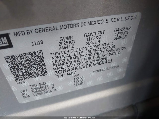 3GNAXKEV9KS560411 Chevrolet lyx - direct injection, vvt, fgt, turbo, alum, gen1