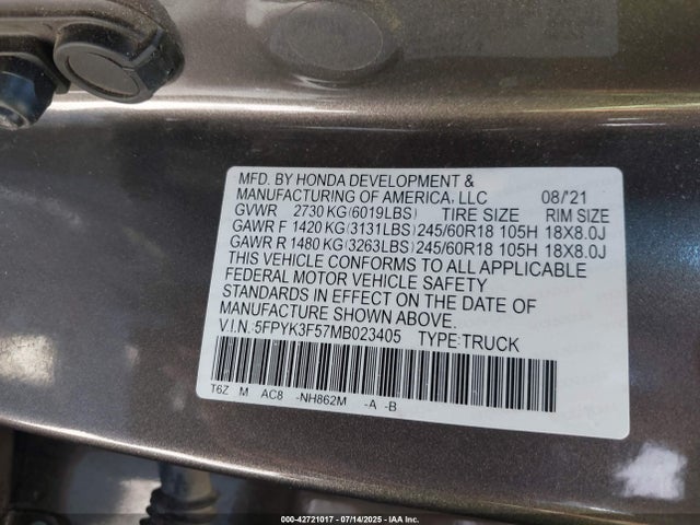 Honda j35y6 2021 5FPYK3F57MB023405 Image 9