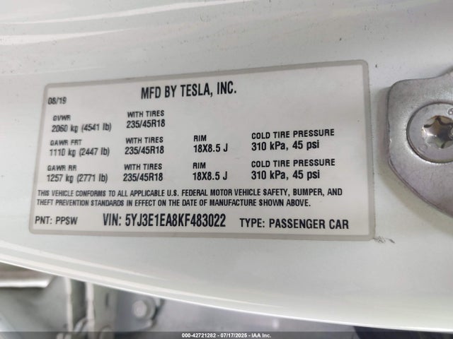 2019 TESLA MODEL 3 5YJ3E1EA8KF483022 Photo 8