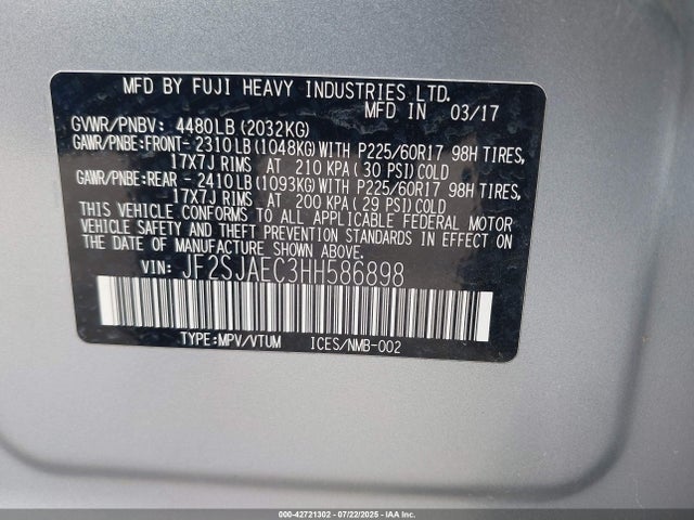 Subaru naturally aspirated u5 2017 JF2SJAEC3HH586898 Image 9