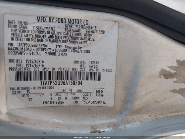 2006 FORD TAURUS 1FAFP53U96A158704 Photo 8