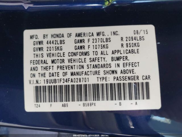 2015 ACURA TLX 19UUB1F34FA028701 Photo 8