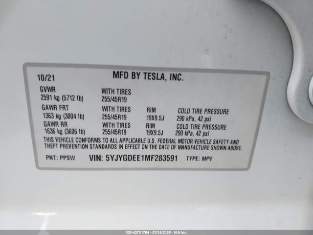 2021 TESLA MODEL Y 5YJYGDEE1MF283591 Photo 8