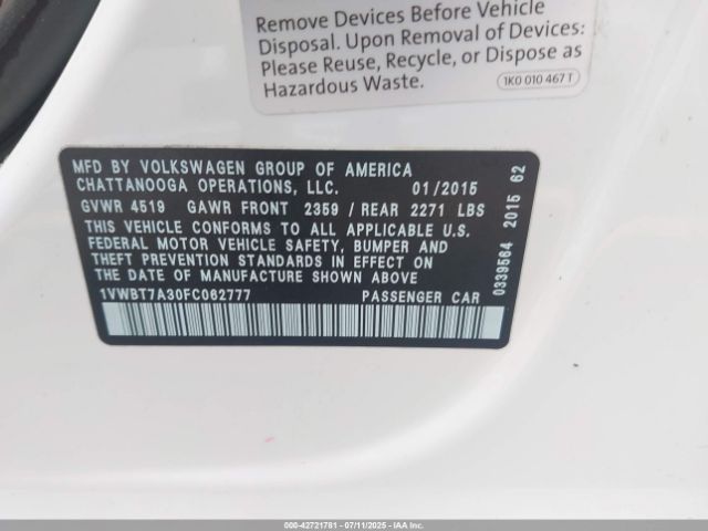 2015 VOLKSWAGEN PASSAT 1VWBT7A30FC062777 Photo 8