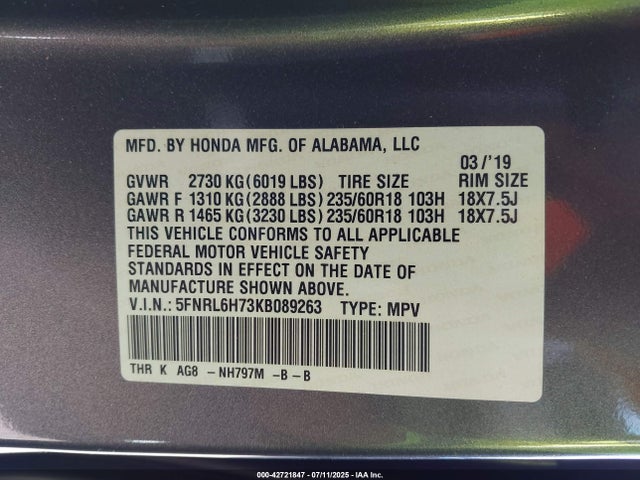 5FNRL6H73KB089263 Honda j35y7