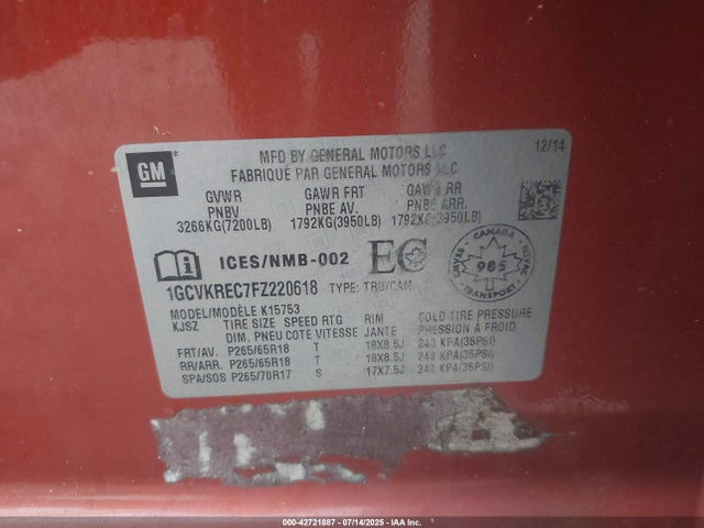 1GCVKREC7FZ220618 Chevrolet l83 - vvt, active fuel management, aluminum