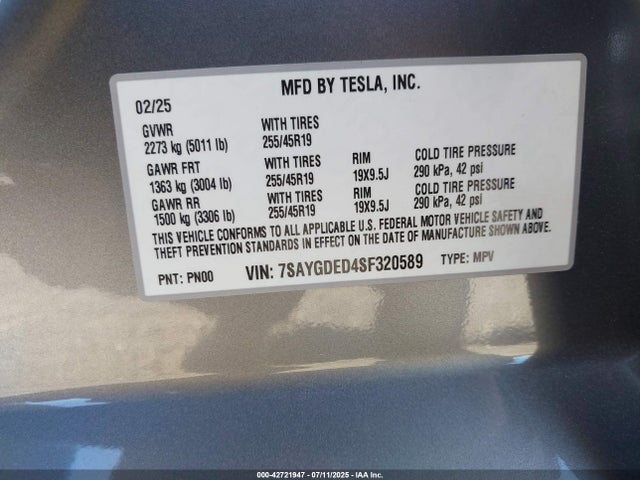 2025 TESLA MODEL Y 7SAYGDED4SF320589 Photo 8