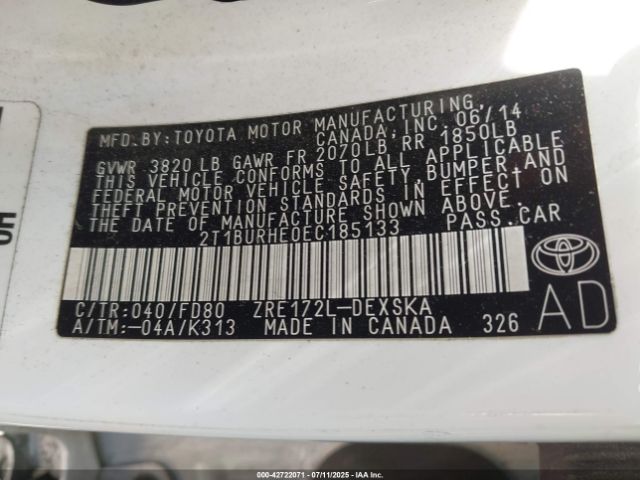 2014 TOYOTA COROLLA 2T1BURHE0EC185133 Photo 8