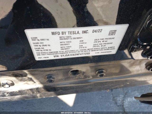 2022 TESLA MODEL S 5YJSA1E62NF477255 Photo 8