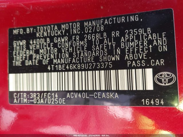 2009 TOYOTA CAMRY 4T1BE46K89U273375 Photo 8