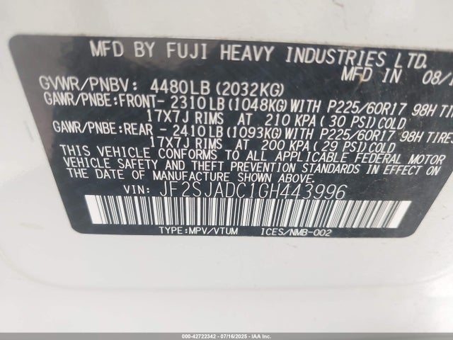 Subaru naturally aspirated u5 2016 JF2SJADC1GH443996 Image 9