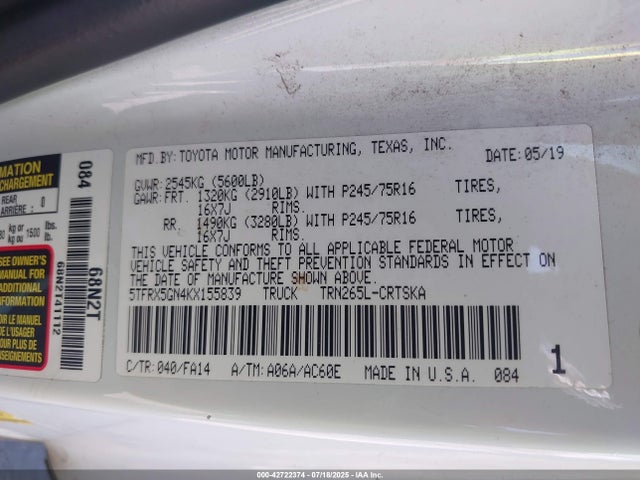 5TFRX5GN4KX155839 Toyota 2tr-fe