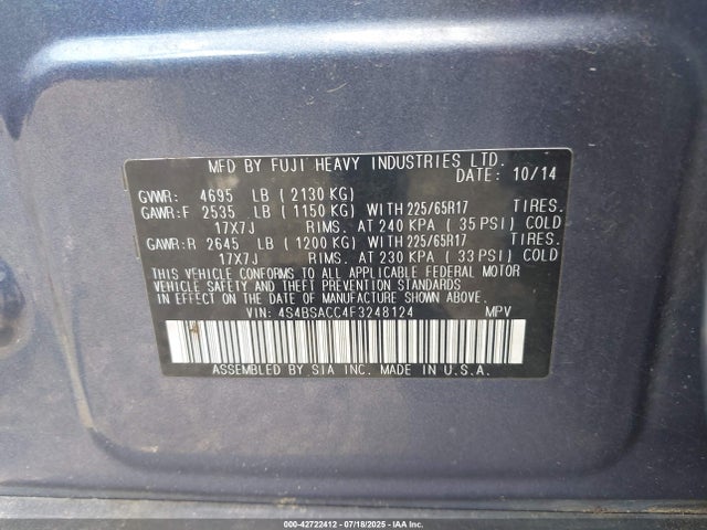Subaru 2.5l u5 2015 4S4BSACC4F3248124 Image 9