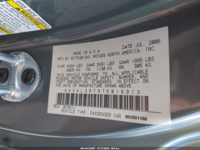 2007 MITSUBISHI ECLIPSE SPYDER 4A3AL35T97E018913 Photo 8