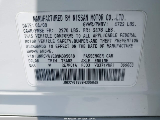 42722708 :رقم المزاد ، JNKCV61E89M305648 vin ، 2009 Infiniti G37 Journey مزاد بيع