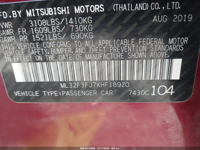 2019 MITSUBISHI MIRAGE G4 ML32F3FJ7KHF18920 Photo 8