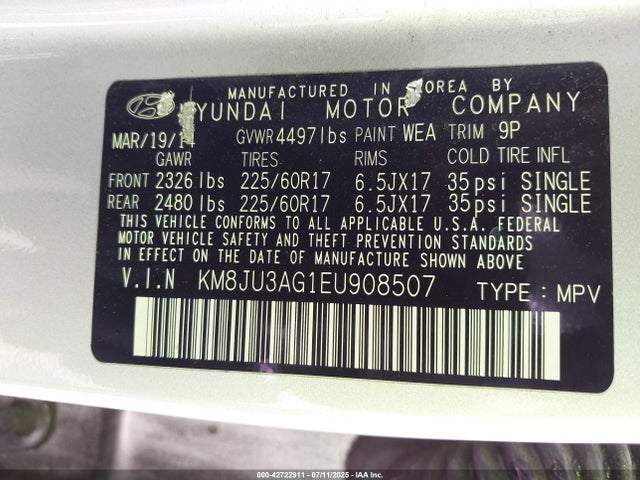 KM8JU3AG1EU908507 Hyundai gdi theta ii