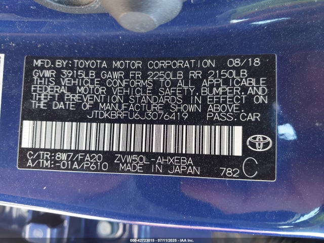 Toyota 2zr-fxe,1nm 2018 JTDKBRFU6J3076419 Image 9