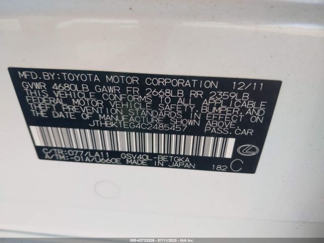 2012 LEXUS ES 350 JTHBK1EG4C2485457 Photo 8