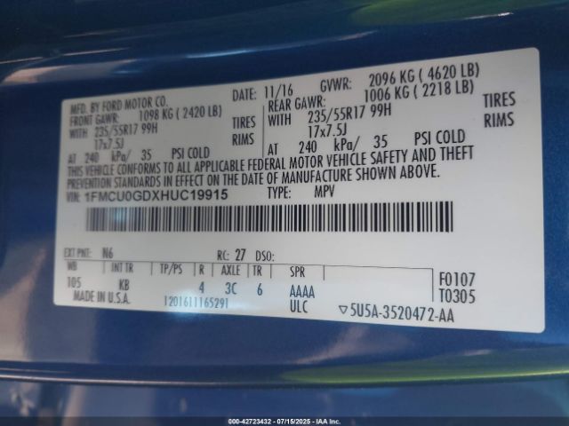 2017 FORD ESCAPE 1FMCU0GDXHUC19915 Photo 8