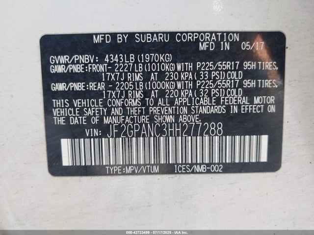 Subaru naturally aspirated 2017 JF2GPANC3HH277288 Image 9