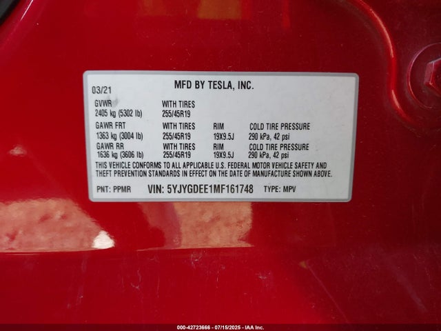 2021 TESLA MODEL Y 5YJYGDEE1MF161748 Photo 8
