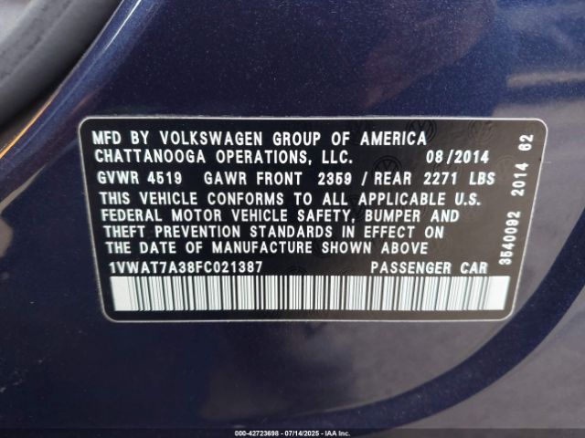 2015 VOLKSWAGEN PASSAT 1VWAT7A38FC021387 Photo 8