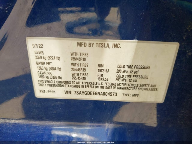 2022 TESLA MODEL Y 7SAYGDEE6NA004573 Photo 8