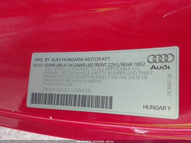 2002 AUDI TT TRUUT28N521035429 Photo 8