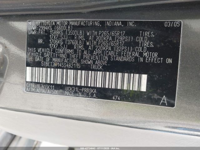 2005 TOYOTA TUNDRA 5TBET34145S482115 Photo 8