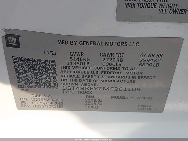 Aukcja sprzedaży 2021 Gmc Sierra 2500hd, vin: 1GT49REY2MF216106, numer aukcji: 42724244