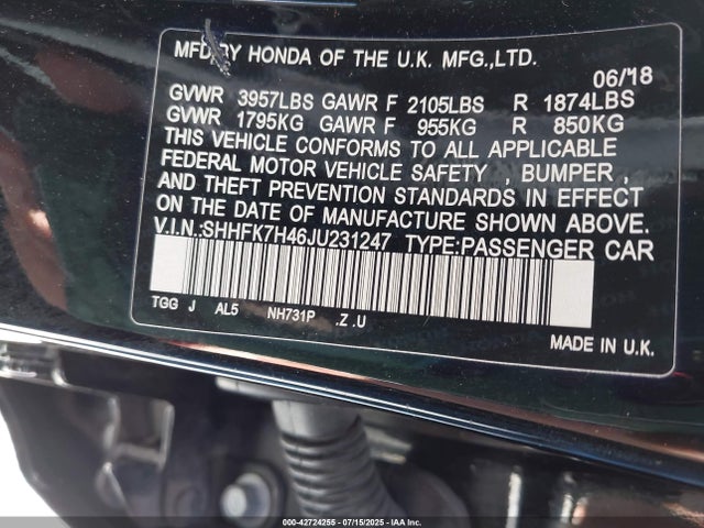 Продажа на аукционе авто 2018 Honda Civic Sport, vin: SHHFK7H46JU231247, номер лота: 42724255