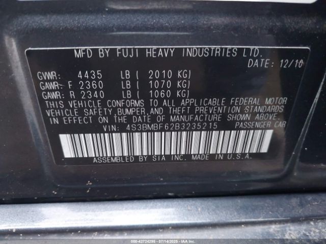 2011 SUBARU LEGACY 4S3BMBF62B3235215 Photo 8
