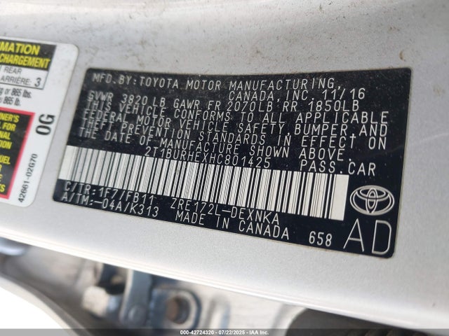 Toyota 2zr-fe 2017 2T1BURHEXHC801425 Image 9
