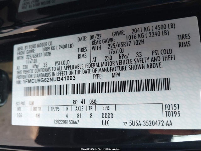 Ford ESCAPE SE 2022 1FMCU9G62NUB41003 Image 9