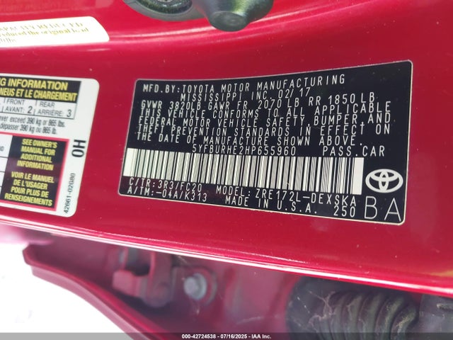 Toyota 2zr-fe 2017 5YFBURHE2HP655960 Image 9