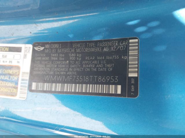 2008 MINI COOPER S WMWMF73518TT86953 Photo 8