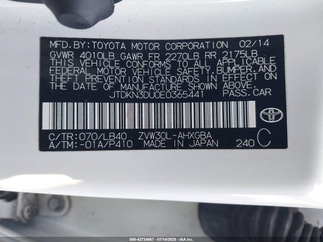 JTDKN3DU0E0365441 Toyota 2zr-fxe+3jm