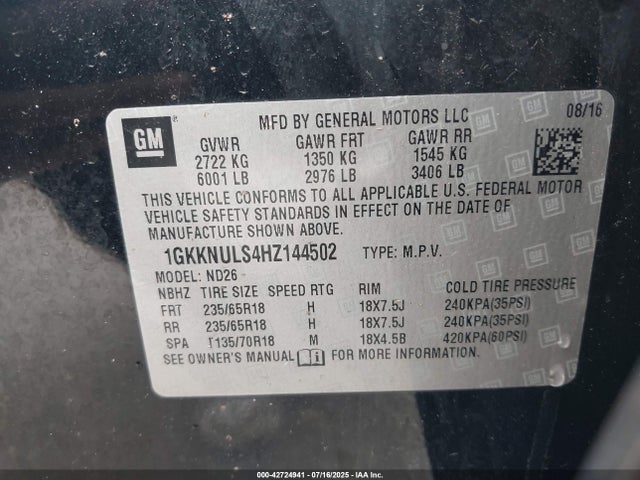 1GKKNULS4HZ144502 GMC lgx - di: direct injection, vvt: variable valve timing, alum, gen 2