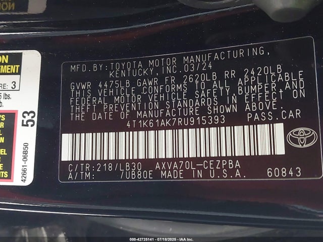 4T1K61AK7RU915393 Toyota a25a-fks