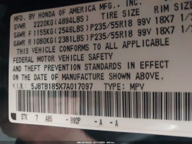 2007 ACURA RDX 5J8TB185X7A017097 Photo 8