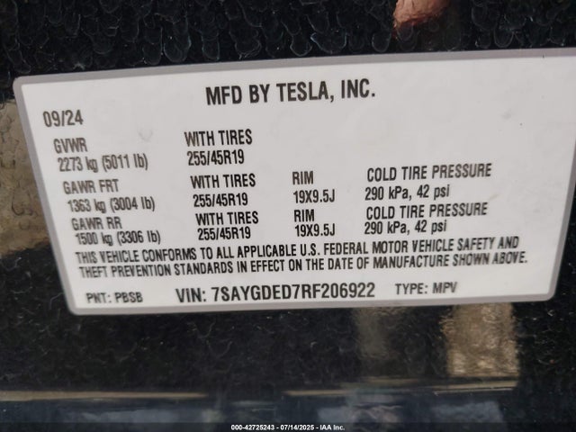 2024 TESLA MODEL Y 7SAYGDED7RF206922 Photo 8
