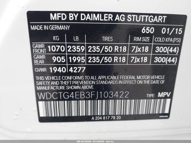 WDCTG4EB3FJ103422 Mercedes-Benz 2015