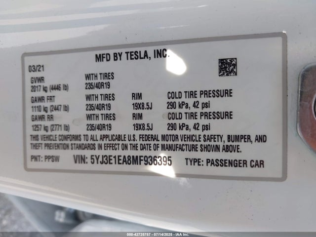 2021 TESLA MODEL 3 5YJ3E1EA8MF936395 Photo 8