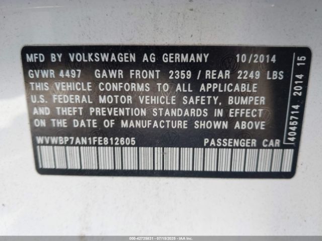 2015 VOLKSWAGEN CC WVWBP7AN1FE812605 Photo 8