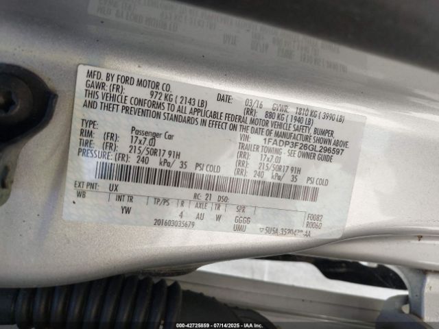2016 FORD FOCUS 1FADP3F26GL296597 Photo 8